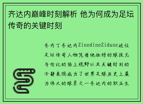 齐达内巅峰时刻解析 他为何成为足坛传奇的关键时刻