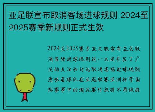 亚足联宣布取消客场进球规则 2024至2025赛季新规则正式生效